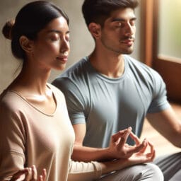 "Two people sitting peacefully in a serene setting, practicing mindful breathing exercises together with gentle expressions and closed eyes, symbolizing focus and calm in communication."