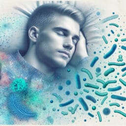 "Visualization of a serene sleeping person with a transparent overlay of a healthy gut microbiome, highlighting the connection between gut health and sleep quality."