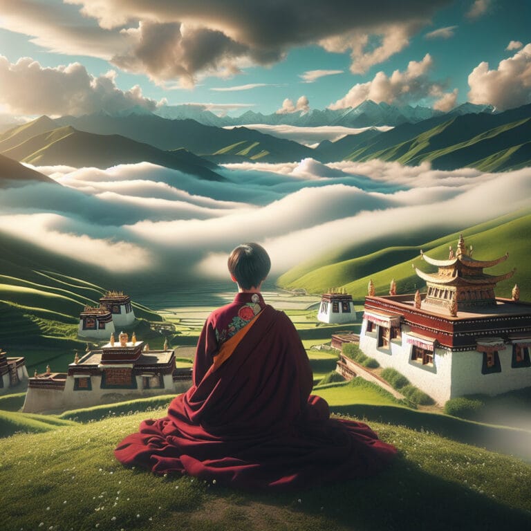 a serene Tibetan landscape with a meditating figure surrounded by a subtle aura of warmth