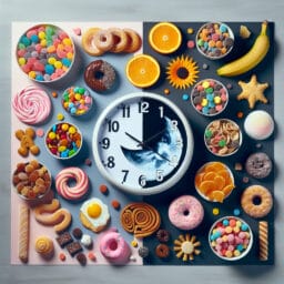 "assorted candies, sugary cereals, and pastries on one side and a clock with visible sleep and wake icons on the other, illustrating the concept of disrupted sleep-wake cycles"