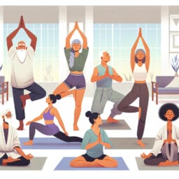 "diverse group of people of different ages and body types practicing yoga together in a peaceful, inclusive class setting"