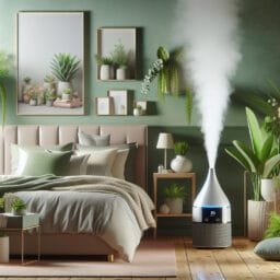 "humidifier in a cozy bedroom with plants to represent maintaining optimal humidity for nasal health"