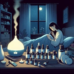 "illustration of a peaceful bedroom at night with essential oil bottles, a diffuser emitting a gentle mist, and a person applying oil to their wrists"
