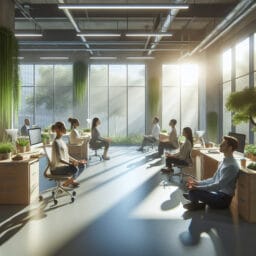 "peaceful office environment with employees practicing mindfulness meditation, natural light, indoor plants, and serene decorations"