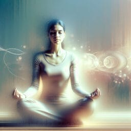 "peaceful person sitting in a meditative pose with a gentle focus on different parts of the body, surrounded by a serene background suggesting tranquility and introspection"