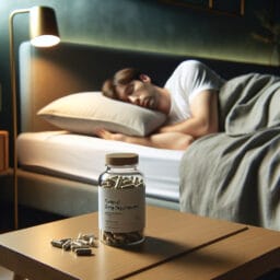 "peaceful person sleeping deeply in a serene bedroom with a bottle of natural sleep supplements on the bedside table"
