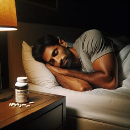 "peaceful person sleeping soundly with a bottle of magnesium supplements on the nightstand"