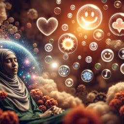 "person peacefully sleeping surrounded by thought bubbles containing symbols of gratitude like a heart, a smiley face, a sunshine, and the word 'Thanks' in a dreamy cloud"