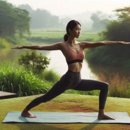 "person practicing Warrior II Pose (Virabhadrasana II) outdoors with a focus on correct alignment and a serene natural background"