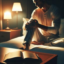 "person practicing a bedtime routine with dim lighting, relaxing stretches, and a book on the nightstand"