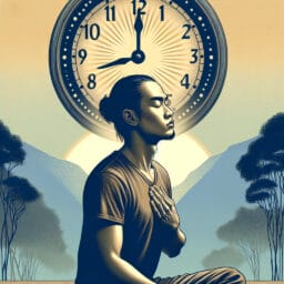 "person practicing the 4-7-8 breathing technique in a tranquil environment with a clock showing the best time for practice"