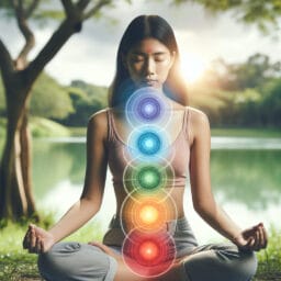 "person sitting in a serene outdoor setting practicing chakra breathing with visible colorful energy centers aligned along the body's midline"