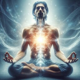 "person sitting in traditional yoga pose with hands in the air practicing Sat Kriya meditation focusing on the navel center with soft background light symbolizing energy flow"