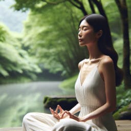 "person sitting peacefully in a serene setting practicing deep breathing exercises with a calm expression"