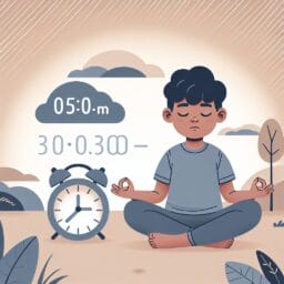 A calm child meditating in a serene, simplified setting, with a visible timer indicating a short duration.