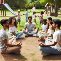 A group of diverse parents sitting in a circle meditating together in a peaceful park setting, with children playing quietly in the background.
