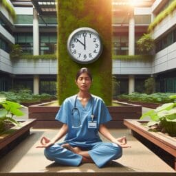 "A healthcare worker meditating peacefully during a break in a serene hospital garden with a clock showing different times of the day to symbolize a regular meditation schedule."