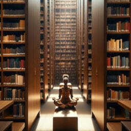 "A peaceful corner in a college library with a student meditating amidst bookshelves, with soft natural light filtering in through a nearby window."
