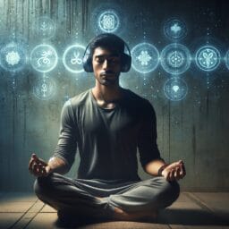 "A person meditating peacefully with noise-cancelling headphones surrounded by subtle, glowing outlines of meditation app icons."