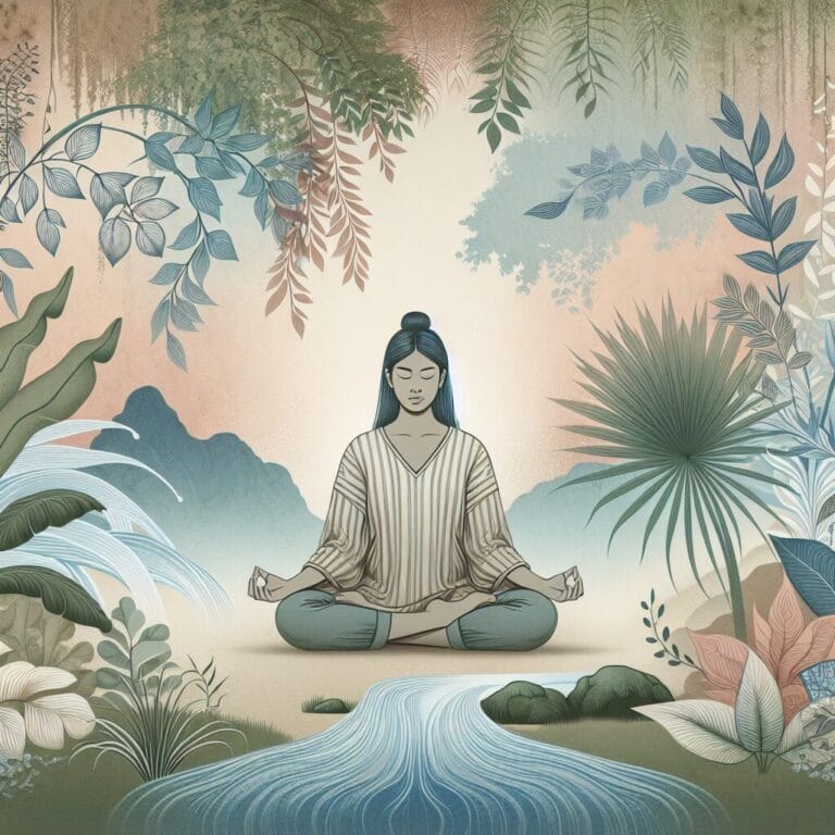 A person sitting peacefully in a meditative pose practicing the 4-7-8 breathing technique surrounded by a serene environment with soft lighting and calming colors.