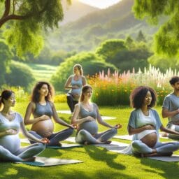 A serene image of a diverse group of expectant mothers practicing prenatal yoga in a tranquil park setting, with each performing gentle poses under the guidance of a professional instructor.