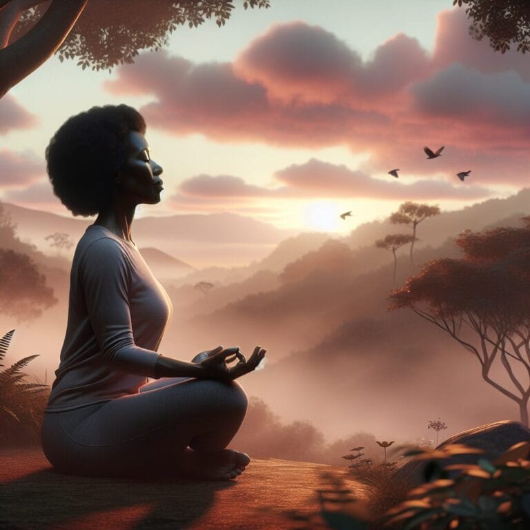 A serene image of a person seated in a peaceful outdoor setting practicing deep breathing exercises with a soft sunrise in the background.