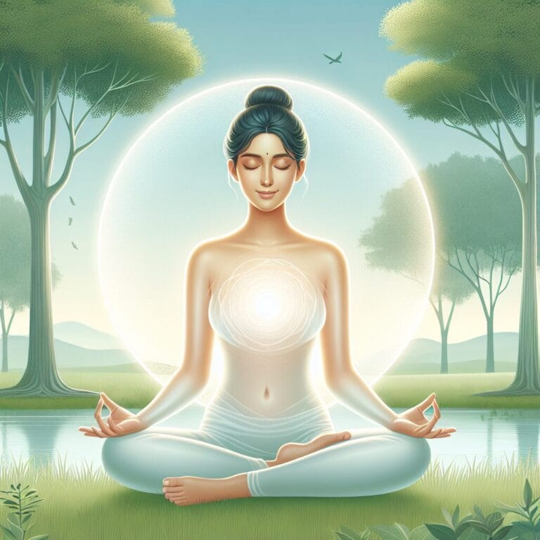 A serene image of a person sitting in a peaceful nature setting, meditating with a gentle smile, surrounded by soft, glowing light to convey a sense of self-compassion and patience.