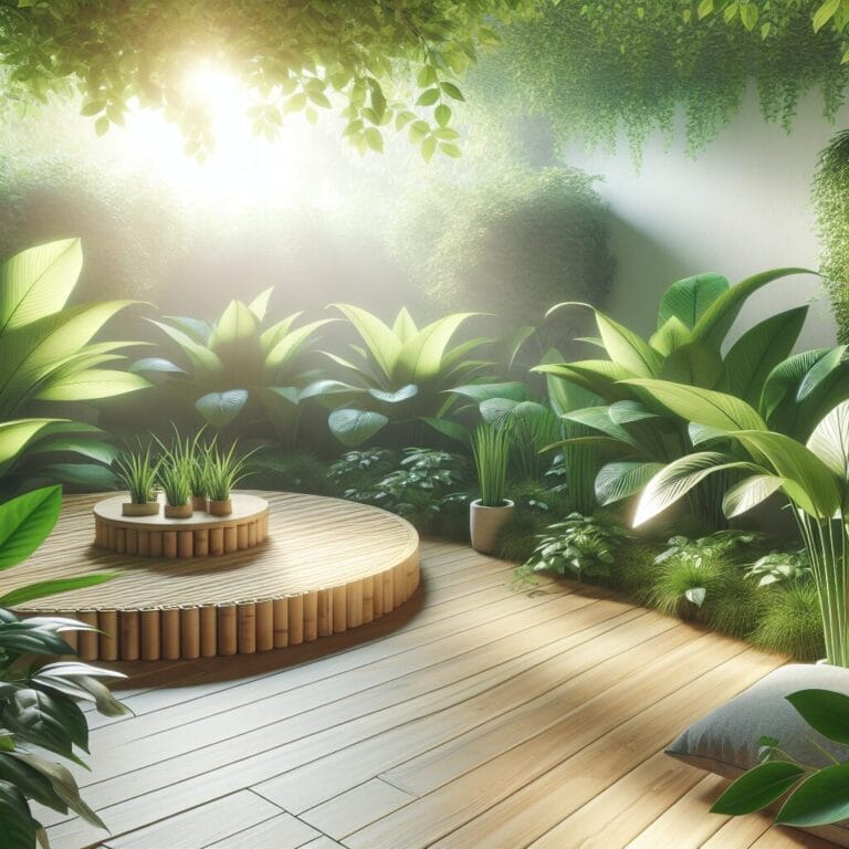 A serene meditation space with sustainable bamboo furnishings, surrounded by lush green plants, with soft sunlight filtering through.