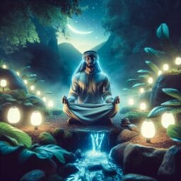 A serene setting showing a person sitting in a meditative pose with headphones on, surrounded by soft glowing lights and calming nature elements.