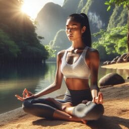 "A serene setting with an athlete sitting cross-legged in a meditative pose, focusing intently on their breathing technique with a peaceful expression on their face."