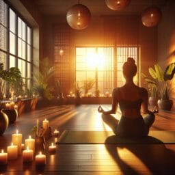 A serene yoga studio at sunrise with a person in a meditative pose, surrounded by candles and plants, symbolizing mental clarity and setting intentions for the day.