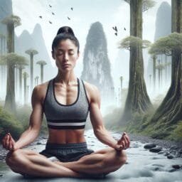 "An athlete meditating peacefully in a serene environment, possibly before or after training, to symbolize enhancing mental focus and improving athletic performance."