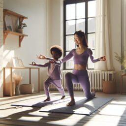 "Family practicing yoga together, with a parent and child in matching outfits doing simple yoga poses in a serene and bright home environment"