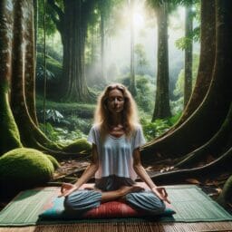 "Person sitting in a meditative pose on an eco-friendly bamboo mat with a recycled fabric meditation cushion in a serene, natural setting."