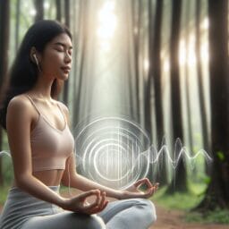 "Person sitting peacefully in a meditative posture, doing breathwork with a serene background, indicating a guided session with visible but subtle audio waves suggesting guidance."