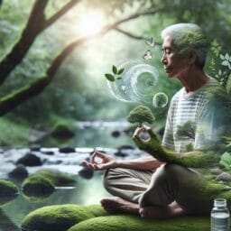 "Senior person sitting in a peaceful outdoor setting, meditating with a serene expression, surrounded by nature elements symbolizing tranquility and wellness."
