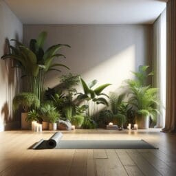 "Serene and minimalistic home yoga space with a yoga mat, plants, and candles"