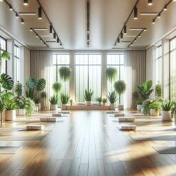 "Serene yoga studio interior with large windows allowing natural light, surrounded by green plants and equipped with energy-efficient LED lighting"