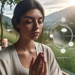 "peaceful setting with a beginner meditator practicing mindfulness for a short duration surrounded by a gentle timer and a serene environment, with visual cues indicating progression and comfort"