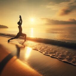 "peaceful yoga session during sunrise, showcasing a person performing Sun Salutations on a serene beach"