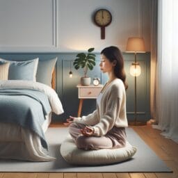 "person practicing calm breathing exercises in a serene bedroom setting before bedtime"