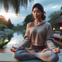 "person practicing gentle yoga in a peaceful setting to promote relaxation and recovery from jet lag"