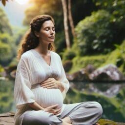 "pregnant woman practicing diaphragmatic breathing in a serene setting, sitting comfortably with one hand on her belly and the other on her chest, eyes closed, with a calm and peaceful expression"