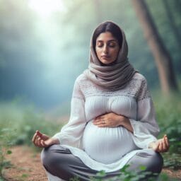 "pregnant woman practicing mindfulness meditation in a peaceful setting, with serene expressions, focusing on her breathing with her hand on her belly, surrounded by a tranquil natural environment"