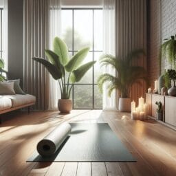 "serene and minimalistic home yoga space with a yoga mat, plants, candles, and natural light"