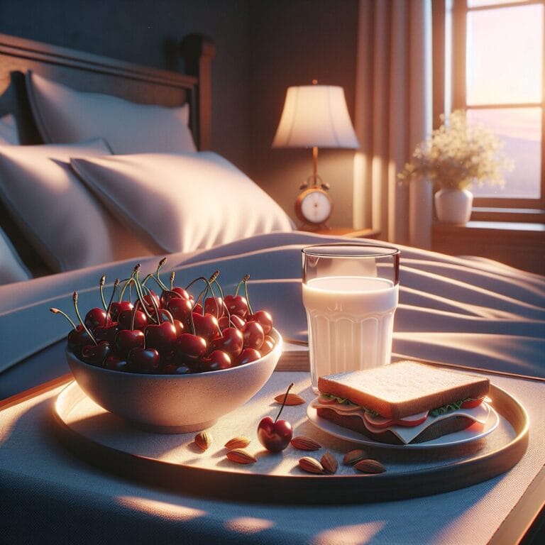 A bowl of cherries and almonds on a table beside a glass of milk with a turkey sandwich on a plate all against a backdrop of a peaceful bedroom setting at dusk