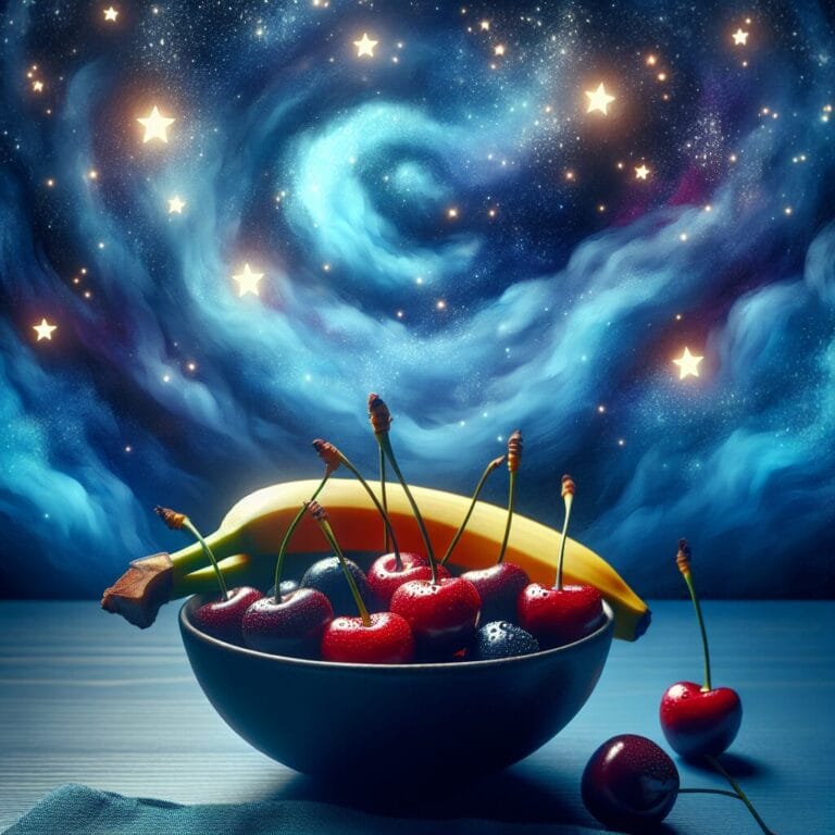 A bowl of cherries and bananas surrounded by a dreamy starry night background to represent foods that promote sleep