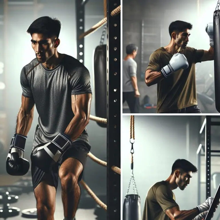 A boxer in a gym doing a mix of strength training with weights agility drills with a speed ladder and practicing punches on a heavy bag with a focus on technique and power