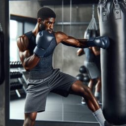A boxer practicing a left hook on a heavy bag demonstrating proper form with core rotation and foot pivot