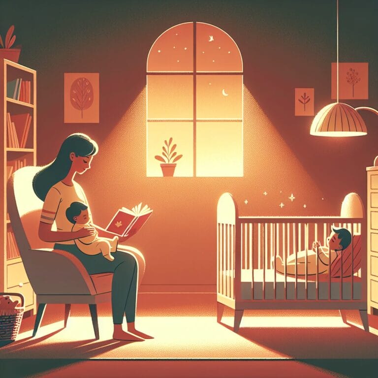 A calm and serene nursery room with a crib a night light casting a soft glow and a parent gently reading a bedtime story to a peacefully drowsing baby